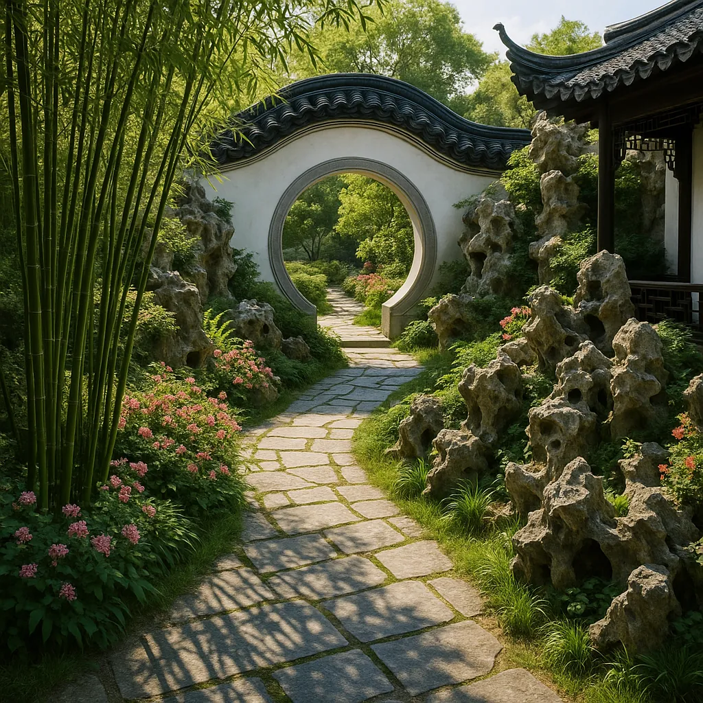 Enjoy assembling a puzzle depicting a tranquil Chinese garden with a curved moon gate, winding stone path, and lush bamboo groves.