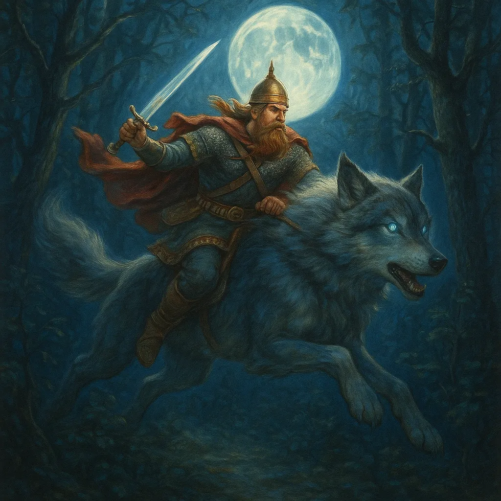 Discover a puzzle with a dramatic, moonlit scene of a bearded warrior in armor riding a giant wolf through a dark forest.