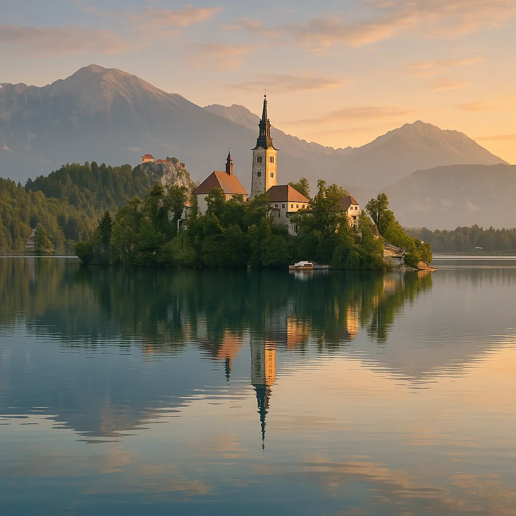 Discover a puzzle with a tranquil island church nestled on a mirror-smooth lake at golden hour.