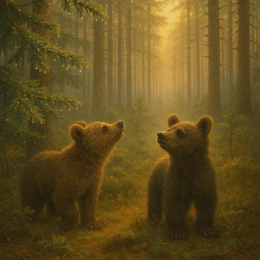 Discover a puzzle with two curious bear cubs standing in a misty, sunlit forest glade.