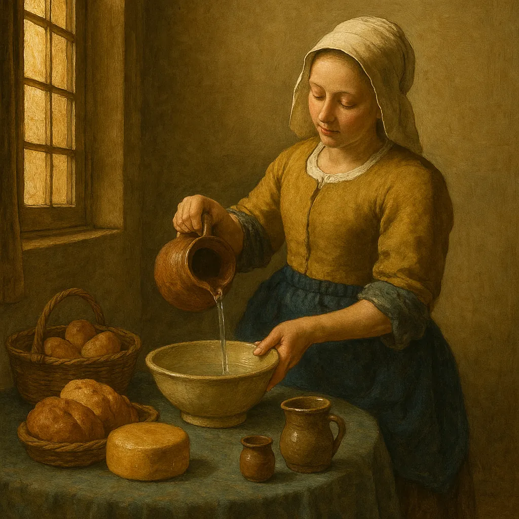 Enjoy assembling a puzzle depicting a quietly lit domestic scene: a young woman in simple clothing pours liquid from an earthenware jug into a bowl on a table s