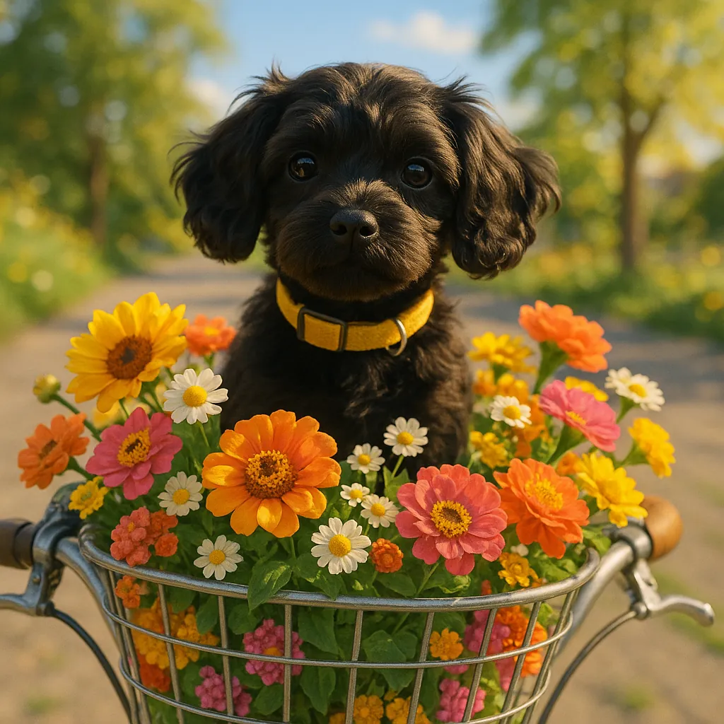 Enjoy assembling a puzzle depicting an adorable black puppy sitting in a bicycle basket filled with bright zinnias and daisies.