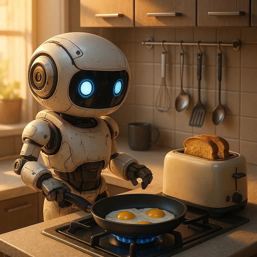 Enjoy assembling a puzzle depicting a charming retro robot cooking breakfast in a cozy sunlit kitchen.