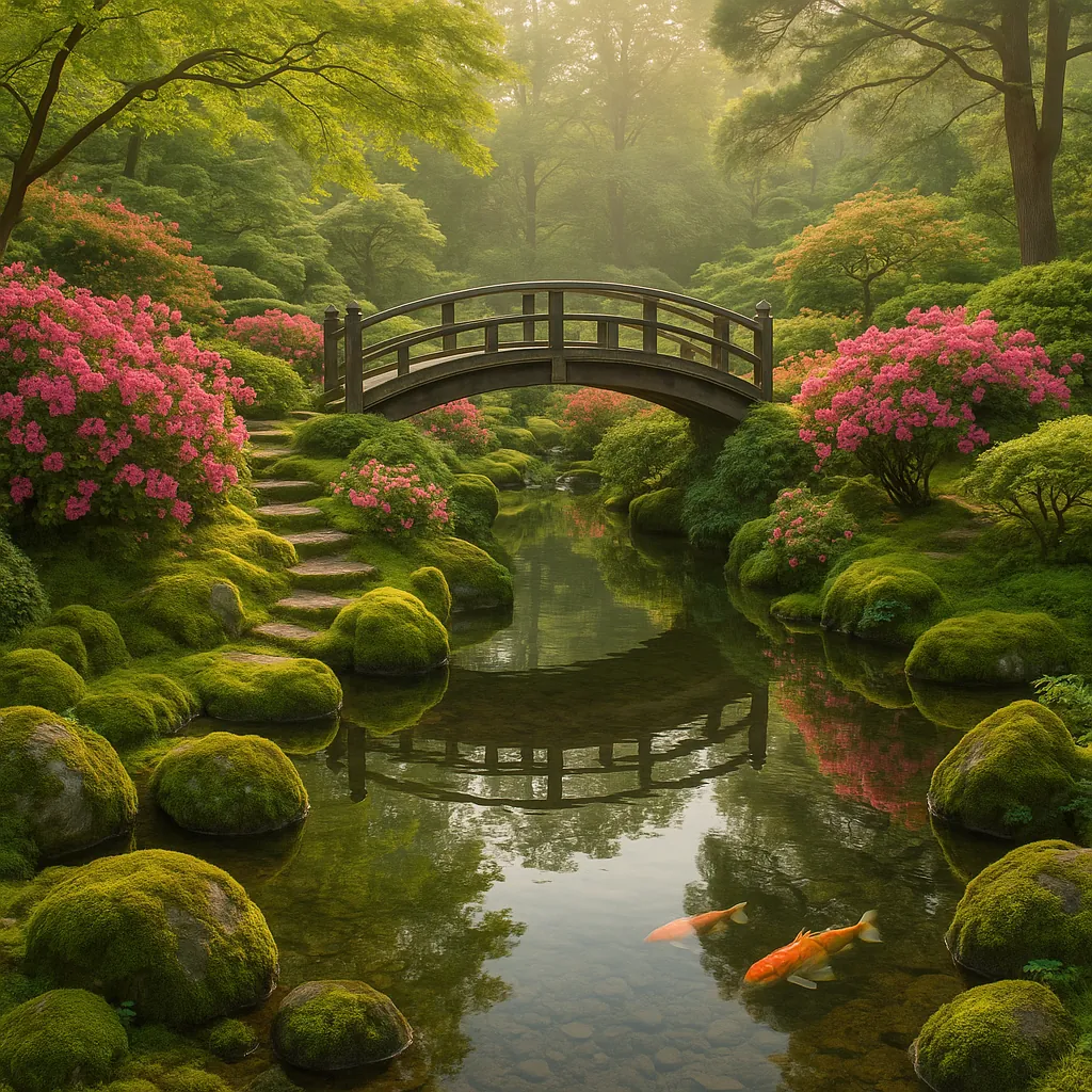 Discover a puzzle with a tranquil Japanese garden scene: a graceful wooden arched bridge spanning a mirror‑still stream, mossy stepping stones, and vibrant pink