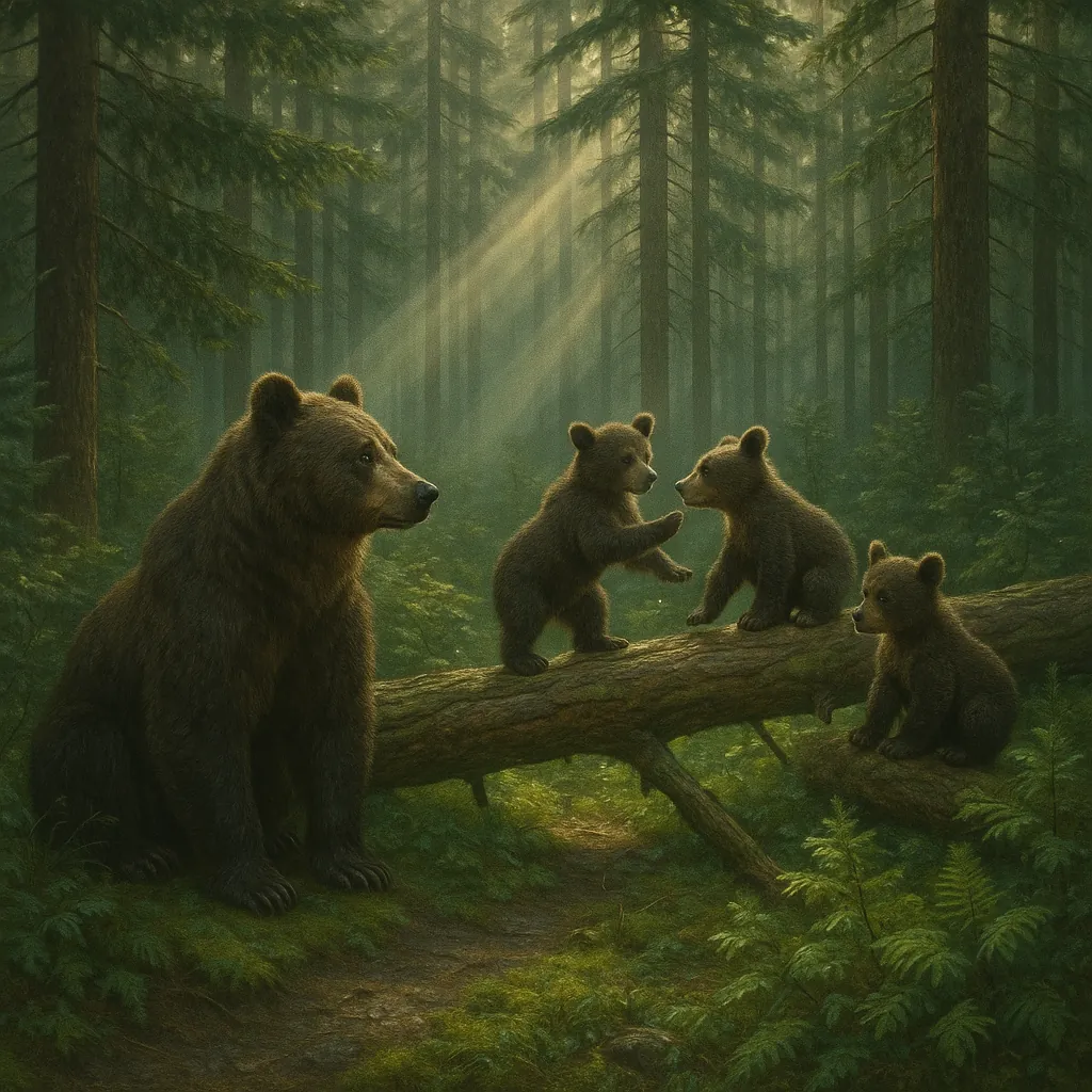 Discover a puzzle with a tender bear family resting in a misty evergreen forest, where a large mother bear watches three playful cubs balancing on a fallen log.
