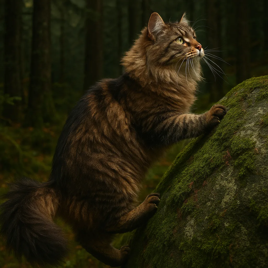 Enjoy assembling a puzzle depicting a fluffy brown tabby cat pausing on a moss-covered rock in a quiet, shadowed forest — warm chestnut and amber fur contrasts