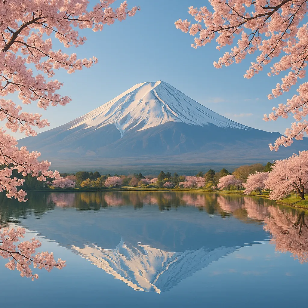 Discover a puzzle with a majestic snow-capped mountain rising over a mirror-smooth lake framed by delicate pink cherry blossoms in full spring bloom.