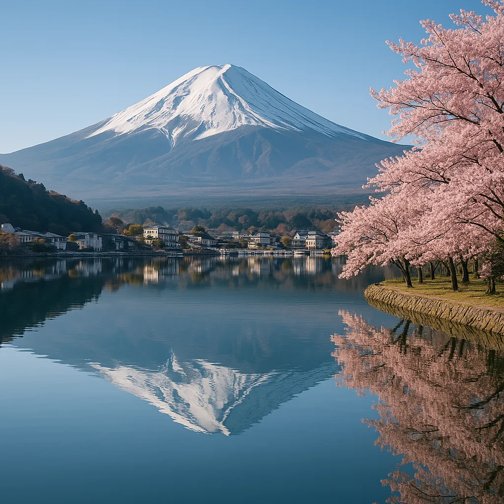 Discover a puzzle with a serene lakeside scene showing a majestic snow-capped mountain rising under a clear blue sky, its perfect reflection mirrored in calm wa
