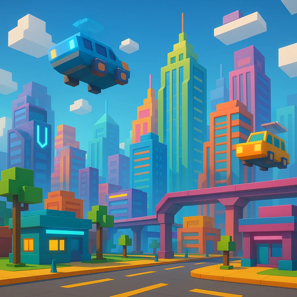 Discover a puzzle with a vibrant, blocky cityscape filled with colorful skyscrapers and playful flying cars soaring above pastel streets.