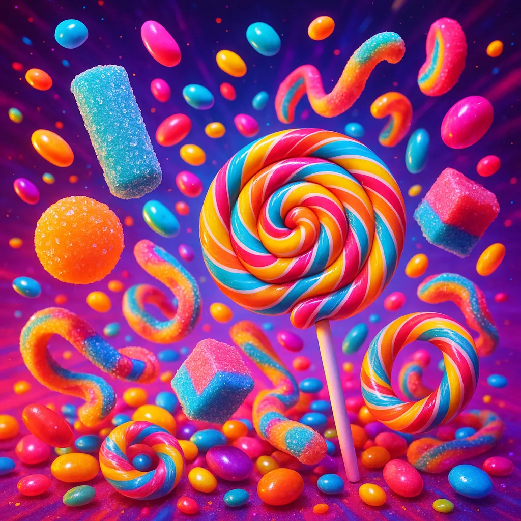 Discover a puzzle with a swirl of rainbow lollipops and an array of floating, sugar-coated candies set against a radiant purple-pink backdrop.