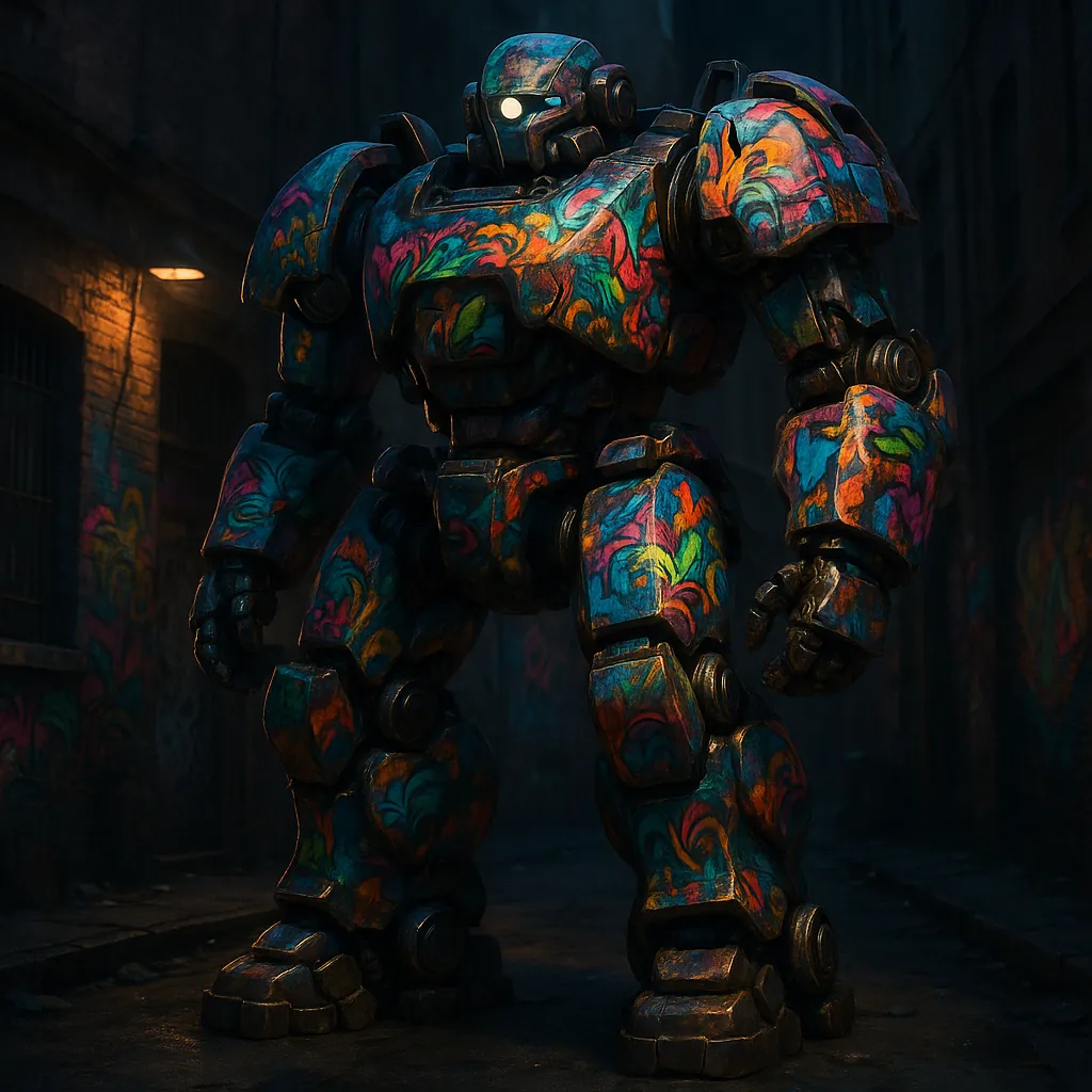 Discover a puzzle with a towering graffiti-covered robot standing in a shadowy urban alley.