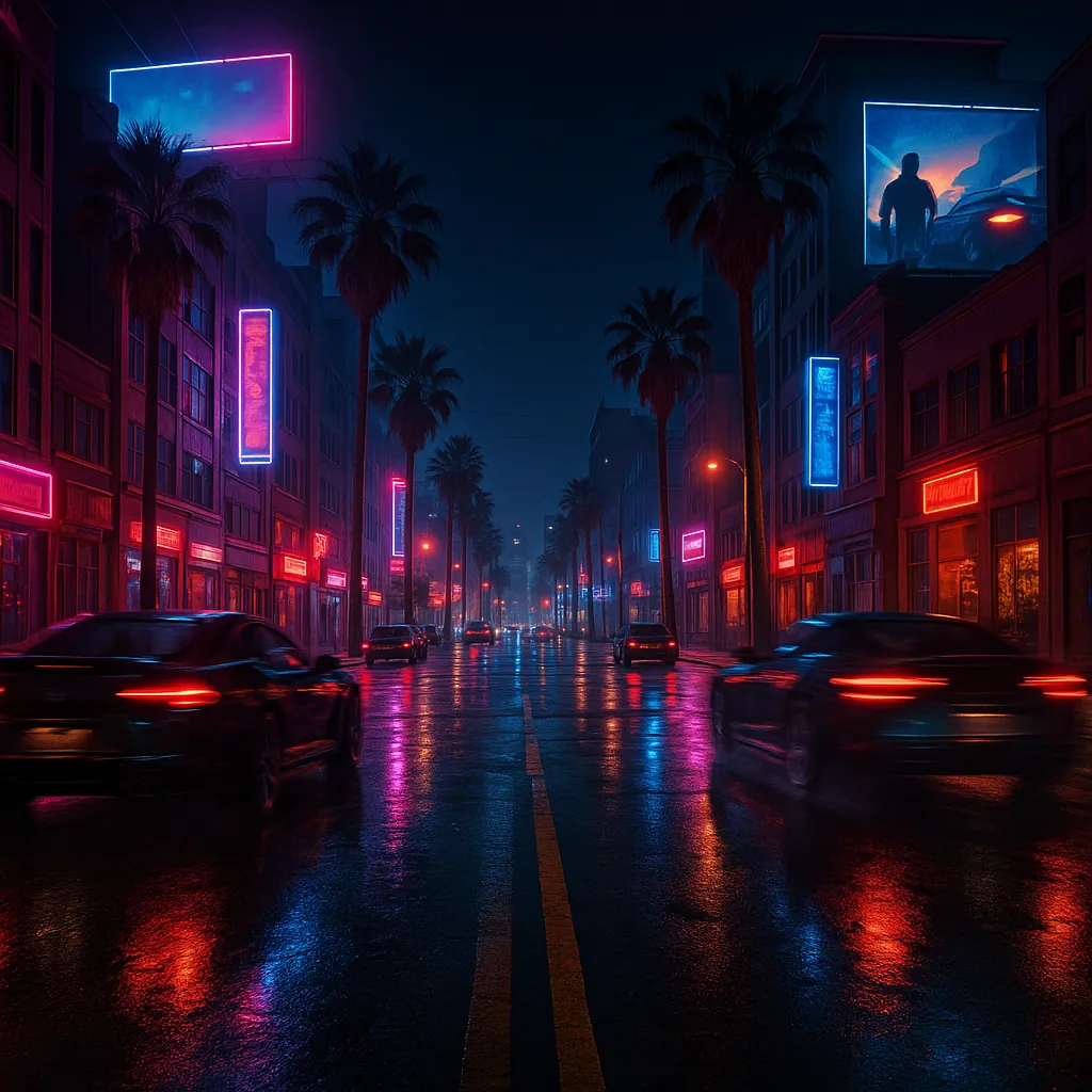 Discover a puzzle with a neon-lit night street scene: a rain-slick avenue lined with palm trees, low-rise buildings and glowing billboards, where sleek cars blu
