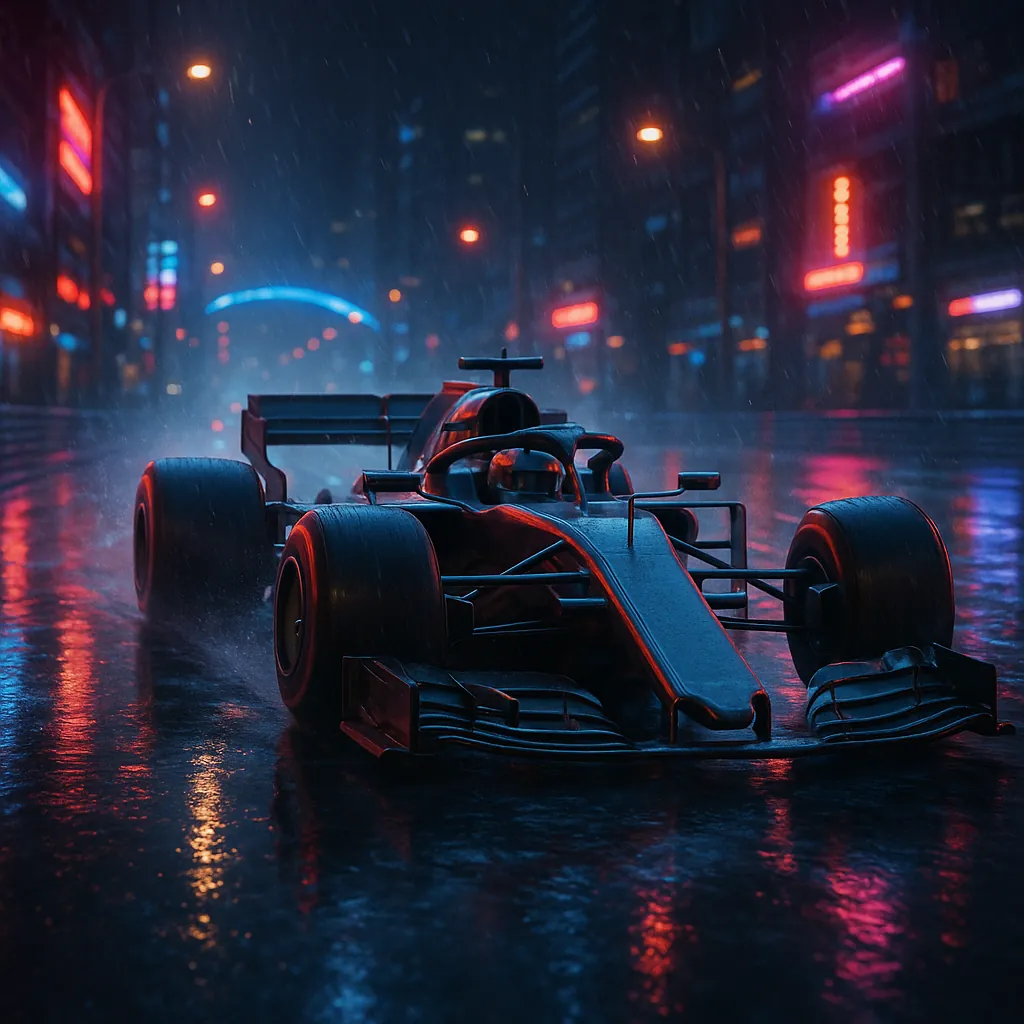 Discover a puzzle with a sleek Formula 1 race car gliding through a neon-lit, rainy city street at night.