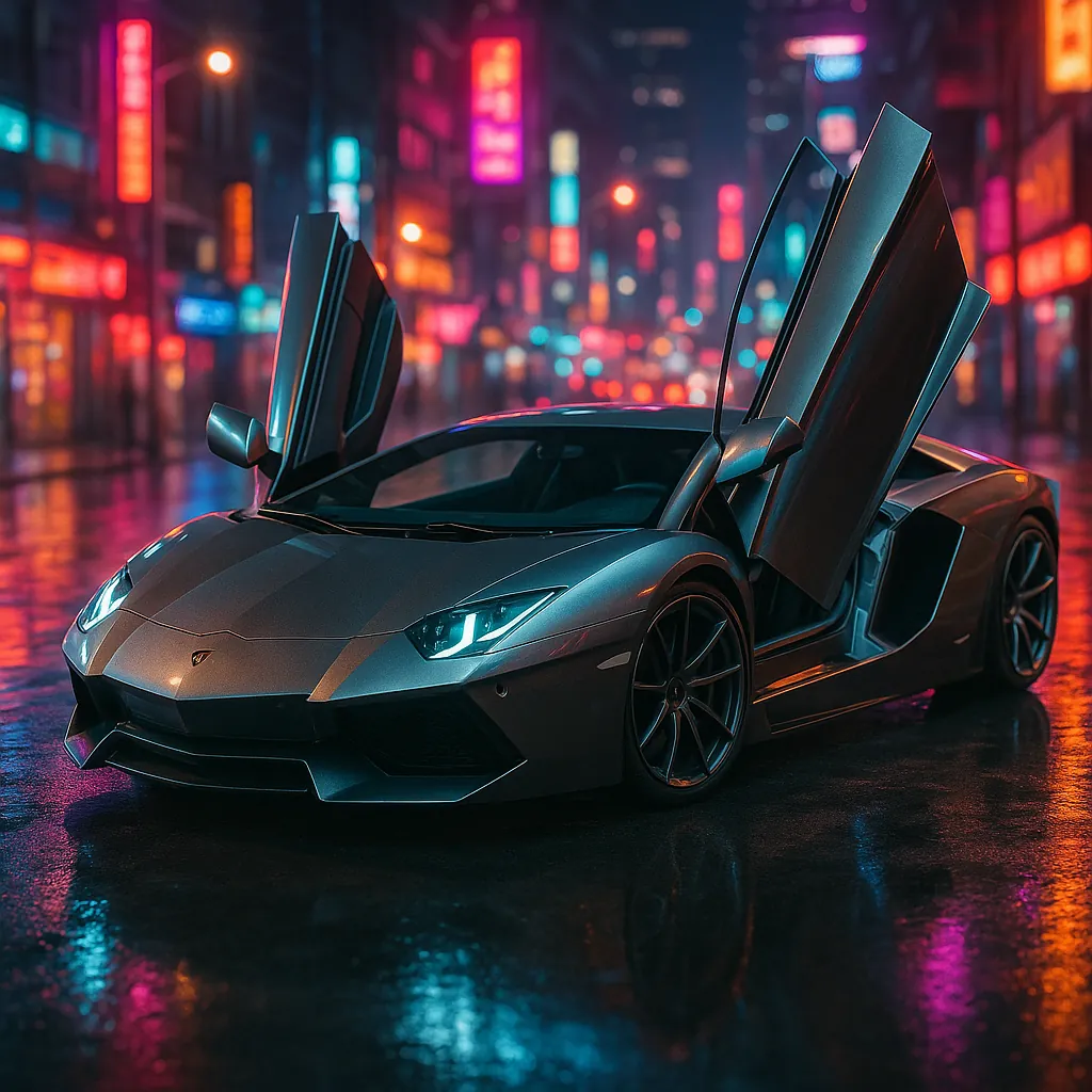 Discover a puzzle with a sleek supercar parked on a rain-slick city street, its dramatic scissor doors raised against a backdrop of neon signs.