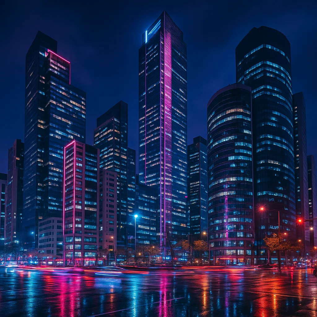 Discover a puzzle with a neon-lit city skyline at night, where towering glass skyscrapers glow in deep blues and vibrant magentas.