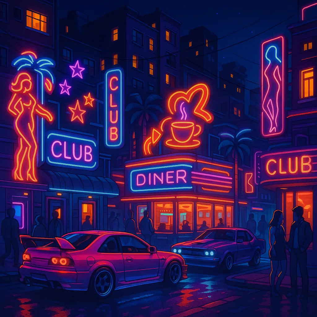 Discover a puzzle with a neon-lit city street at night, where glowing signs for clubs and a cozy diner cast vibrant pink, blue, and orange reflections across ra