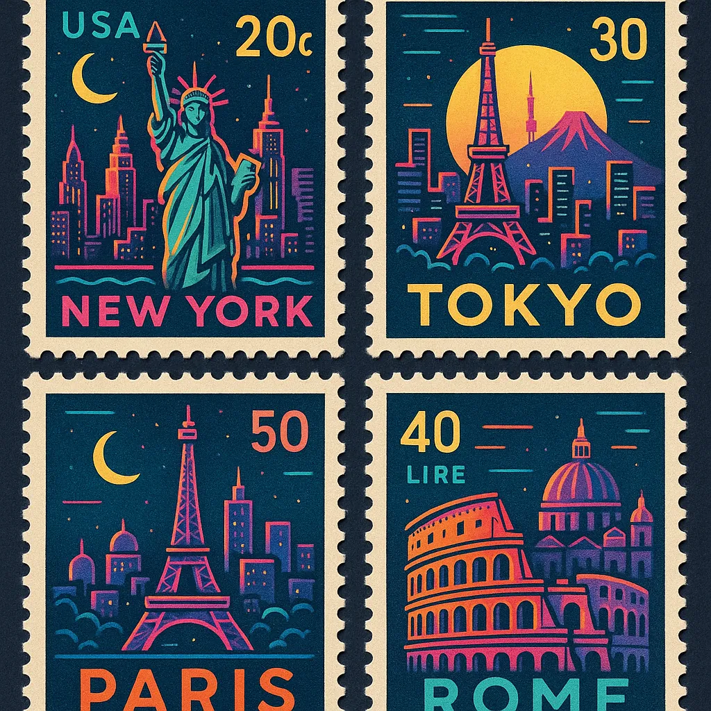 Discover a puzzle with four vintage-style travel stamps showcasing iconic cities: a teal Statue of Liberty rising against a deep navy New York skyline, a warm-g