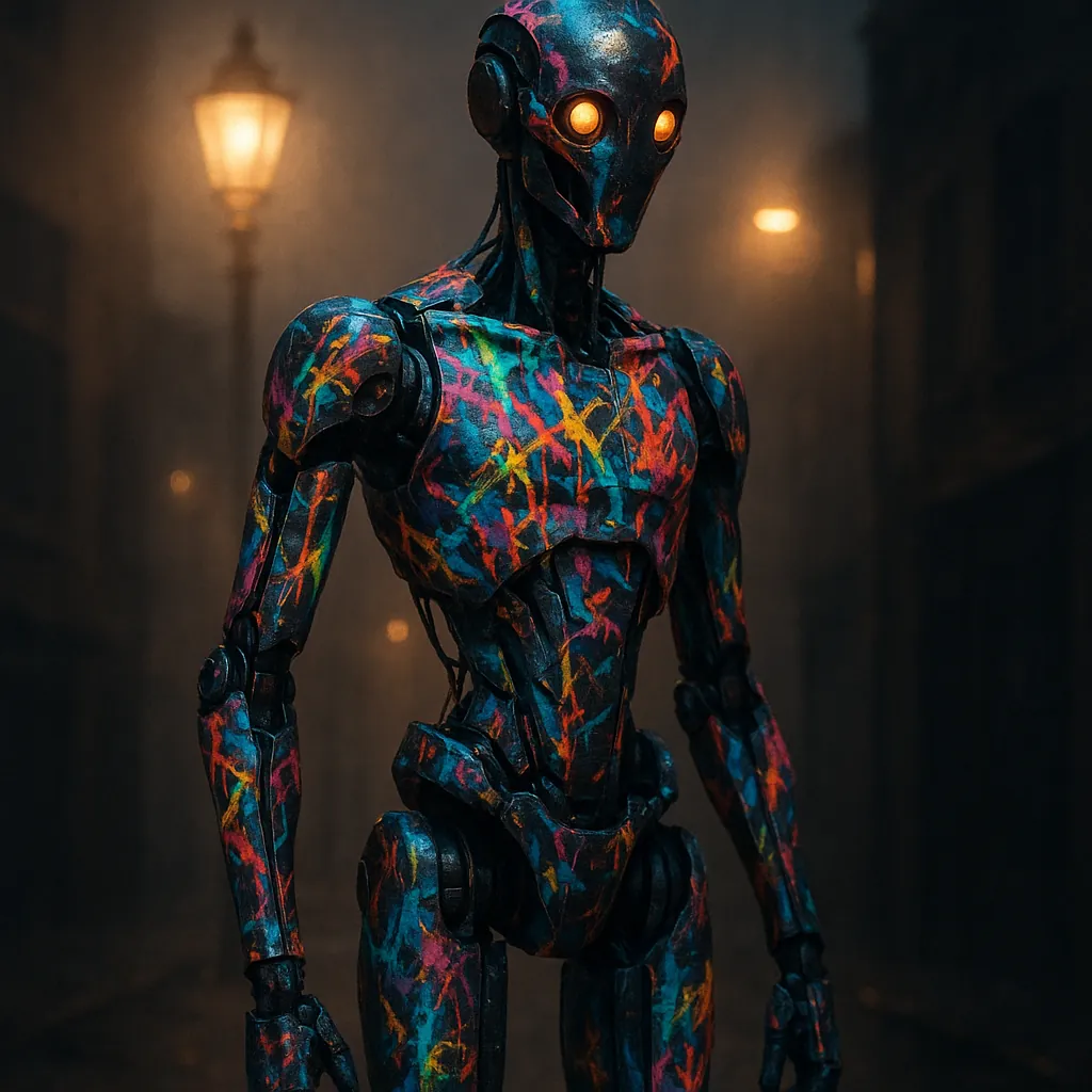 Discover a puzzle with a striking humanoid robot covered in vivid, graffiti-like splashes of neon color standing in a foggy, lamp-lit street.