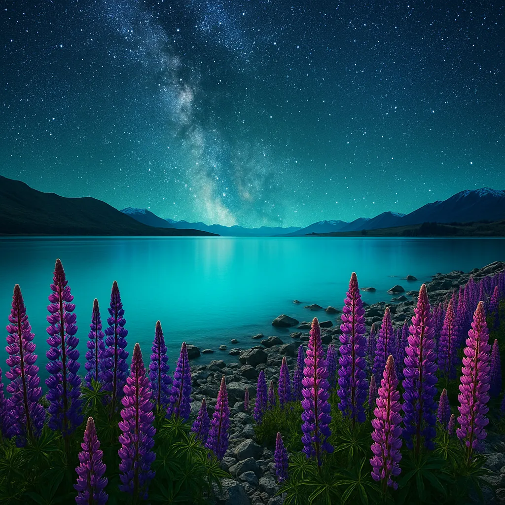 Discover a puzzle with a tranquil lakeside scene under a starry Milky Way — vivid turquoise water stretches toward distant blue mountains while tall purple lupi