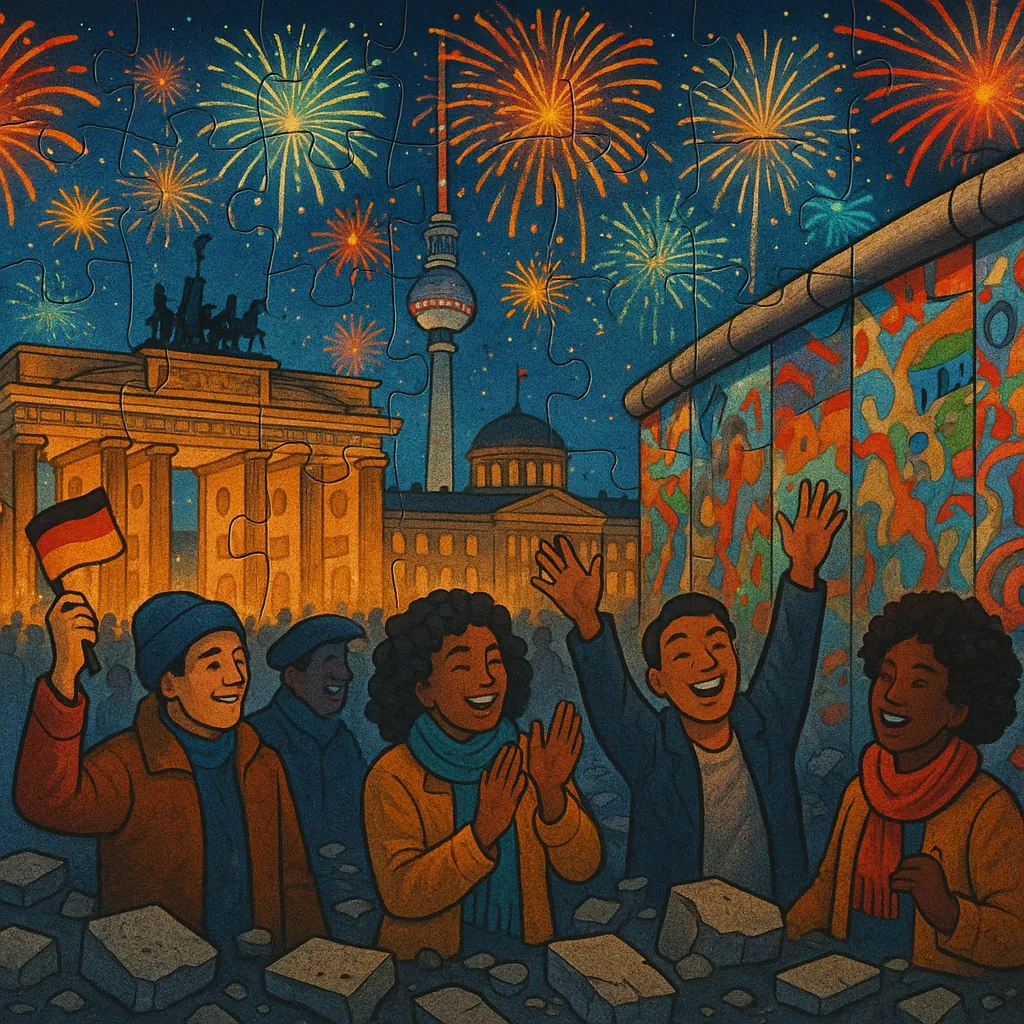 Discover a puzzle with a festive nighttime scene of Berlin: glowing orange light bathes the Brandenburg Gate and TV Tower as colorful fireworks burst across a d