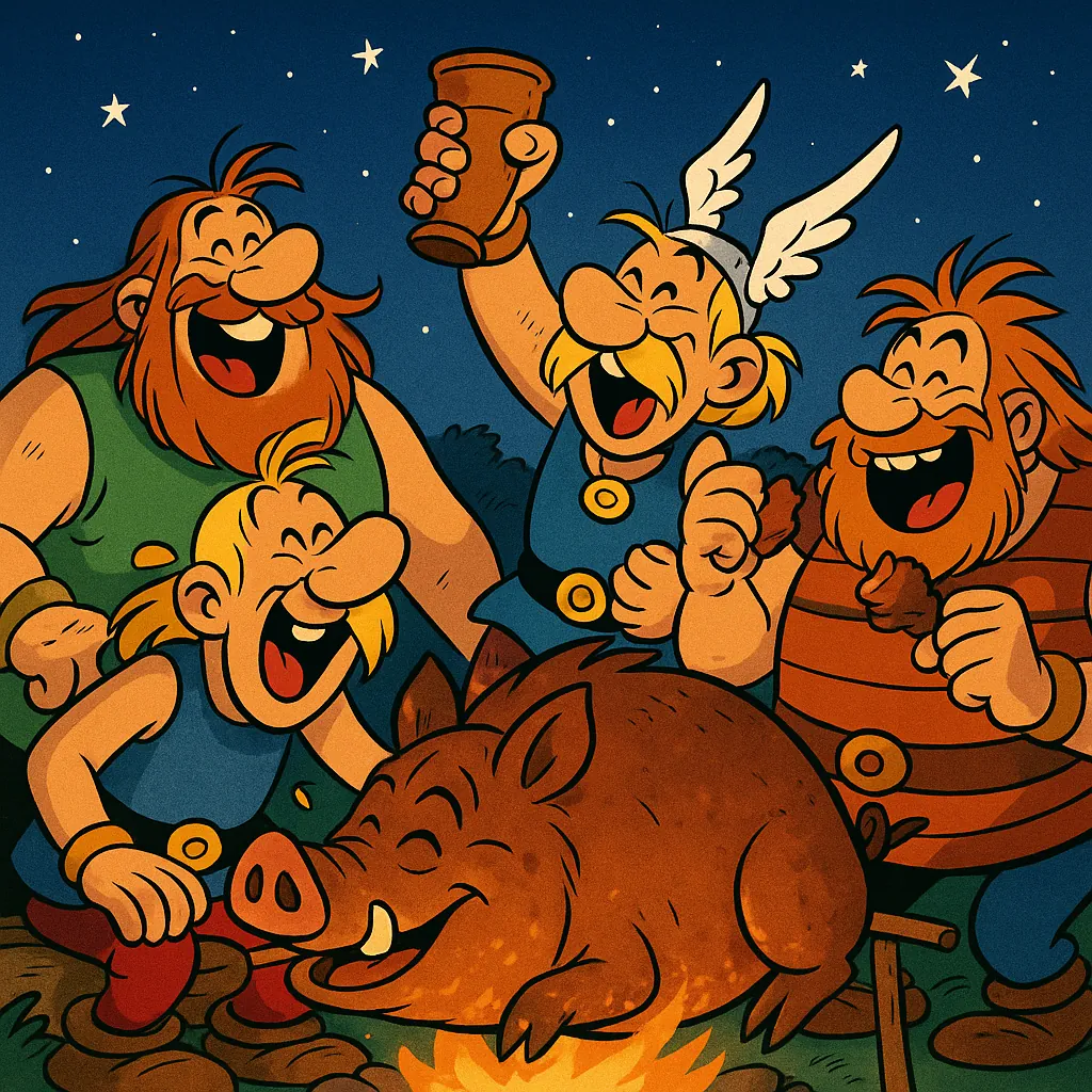 Discover a puzzle with a cheerful nighttime feast featuring a group of merry, cartoon-style villagers gathered around a glowing campfire and a roasted boar bene