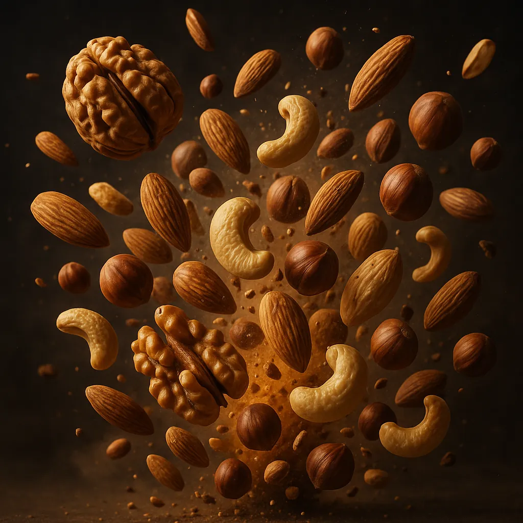 Discover a puzzle with a lively assortment of nuts — whole walnuts, smooth cashews, elongated almonds, and round hazelnuts — frozen in mid-air against a deep, w