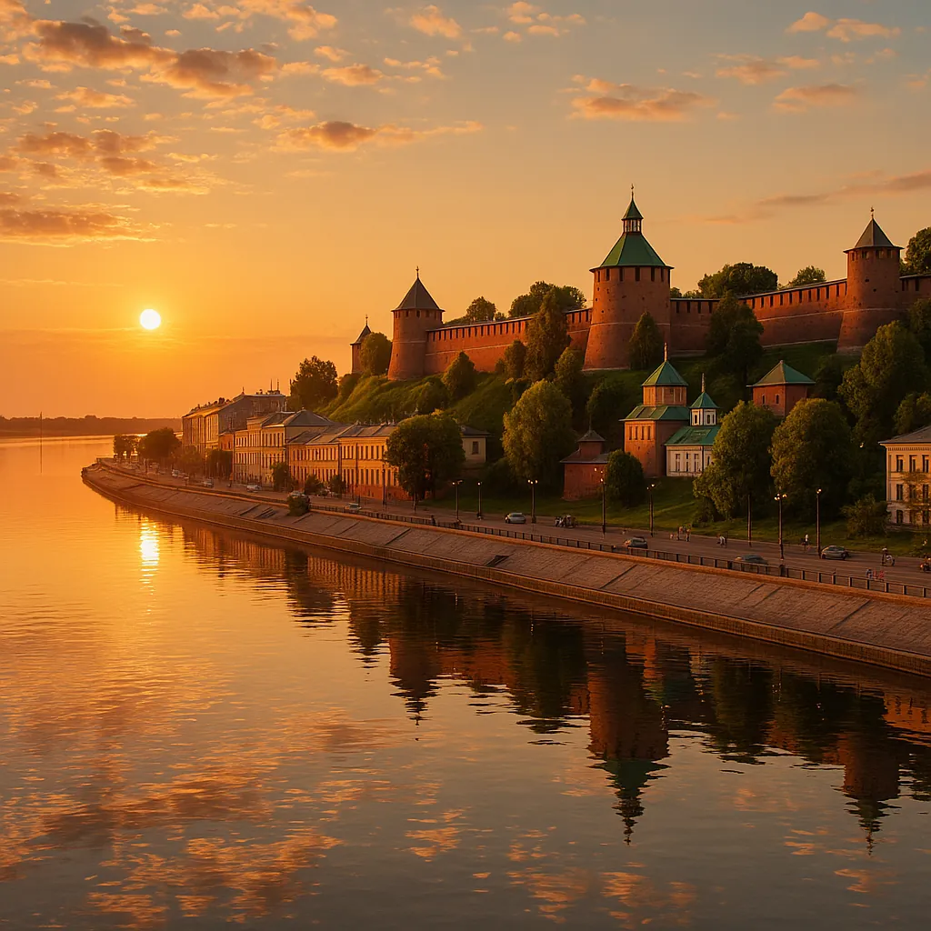 Discover a puzzle with a sunlit riverside fortress at golden hour, where brick towers and green-roofed turrets sit atop a verdant embankment.