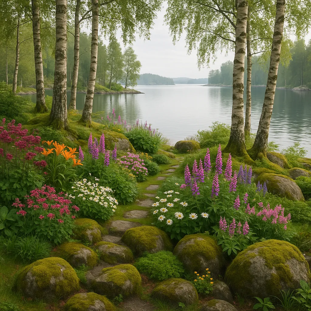 Discover a puzzle with a tranquil lakeside scene framed by slender birch trees and a winding stone path leading to calm water.