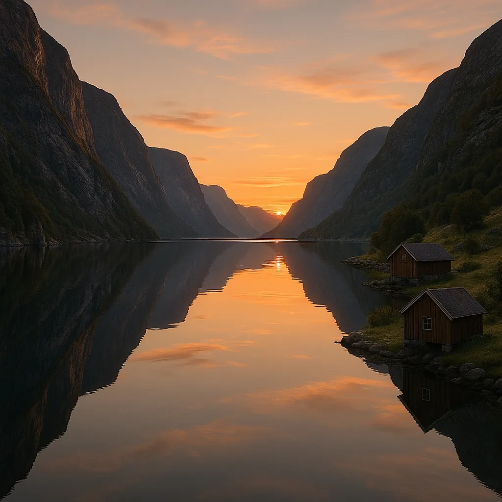 Discover a puzzle with a tranquil sunset fjord scene: warm orange and peach skies melt into a glassy, mirror-like lake flanked by towering, shadowed cliffs and