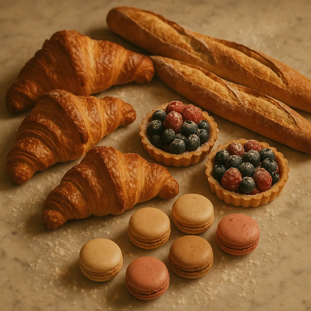 Discover a puzzle with a charming bakery spread of golden croissants, crusty baguettes, fruit tarts piled with blueberries and raspberries dusted in powdered su