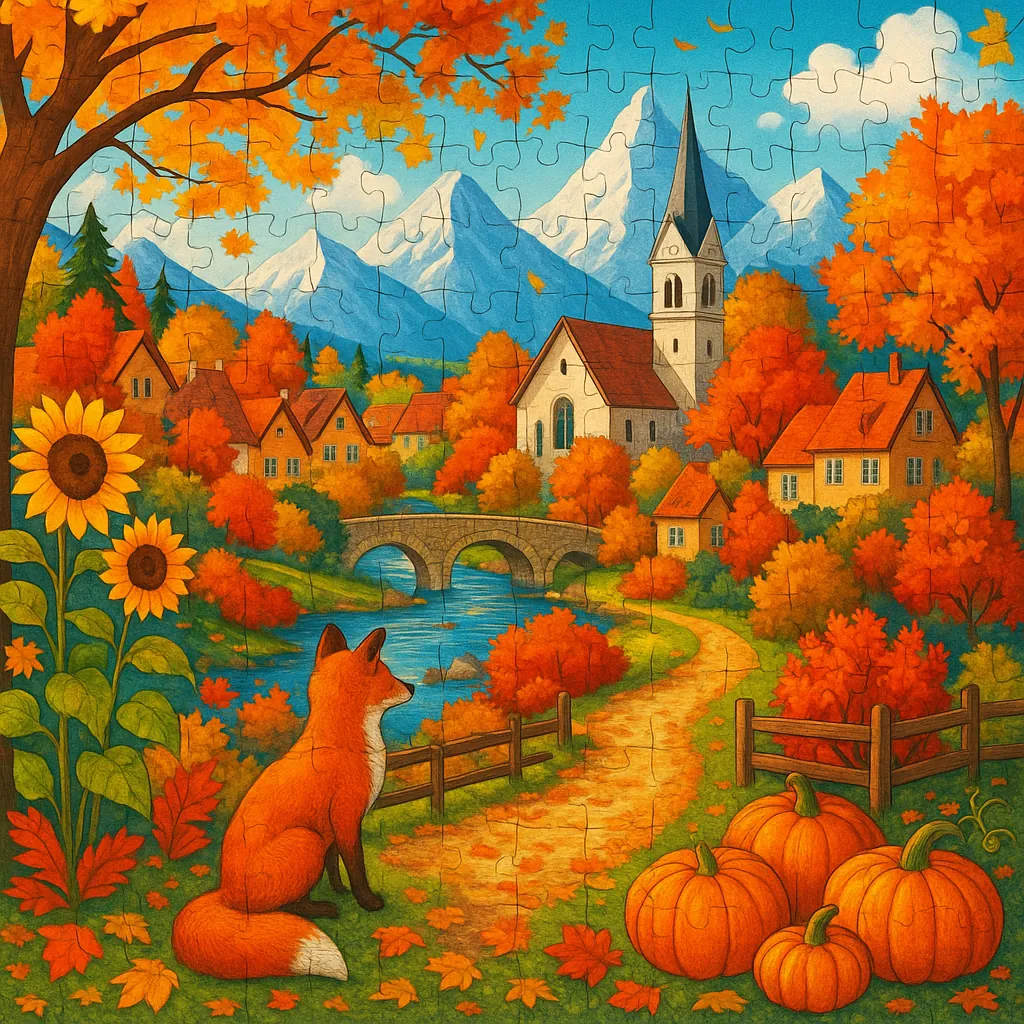 Enjoy assembling a puzzle depicting a charming autumn village scene with vivid orange and gold foliage, crisp blue mountains, and a peaceful river winding under