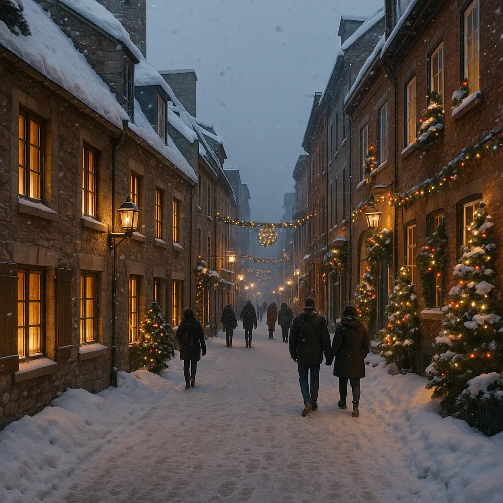 Enjoy assembling a puzzle depicting a snowy, lantern-lit cobblestone street lined with brick buildings adorned in garlands and twinkling Christmas lights.