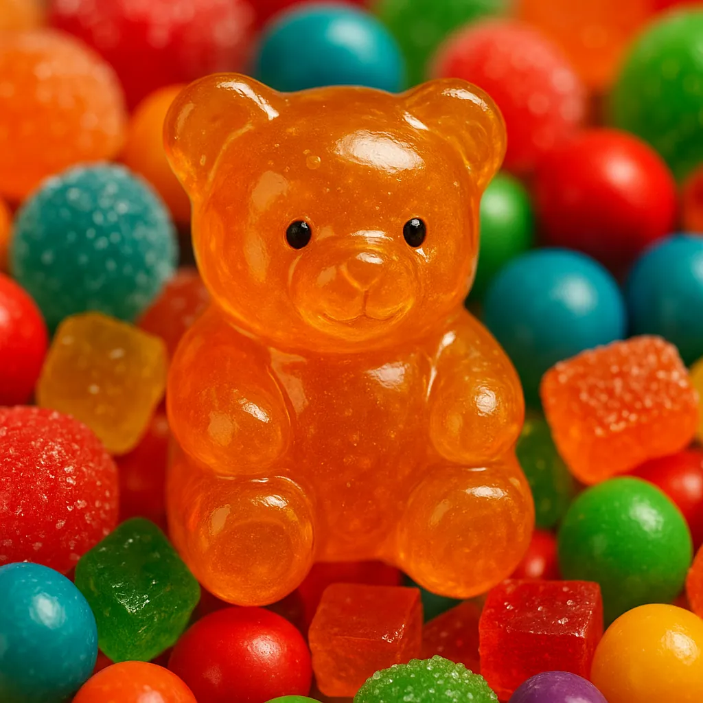 Discover a puzzle with a close-up of a glossy orange gummy bear nestled among an assortment of colorful candies.