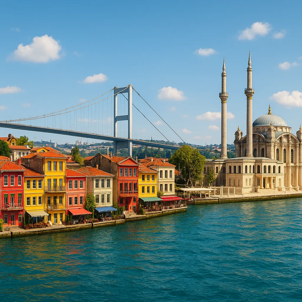 Discover a puzzle with a sunlit Bosphorus waterfront featuring vibrant, colorful houses, a graceful mosque with twin minarets, and the elegant sweep of a suspen