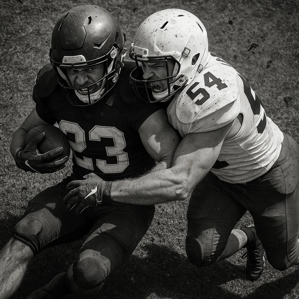 Discover a puzzle with a dramatic black-and-white action shot of two football players locked in a fierce tackle — the ball carrier wearing number 23 drives forw