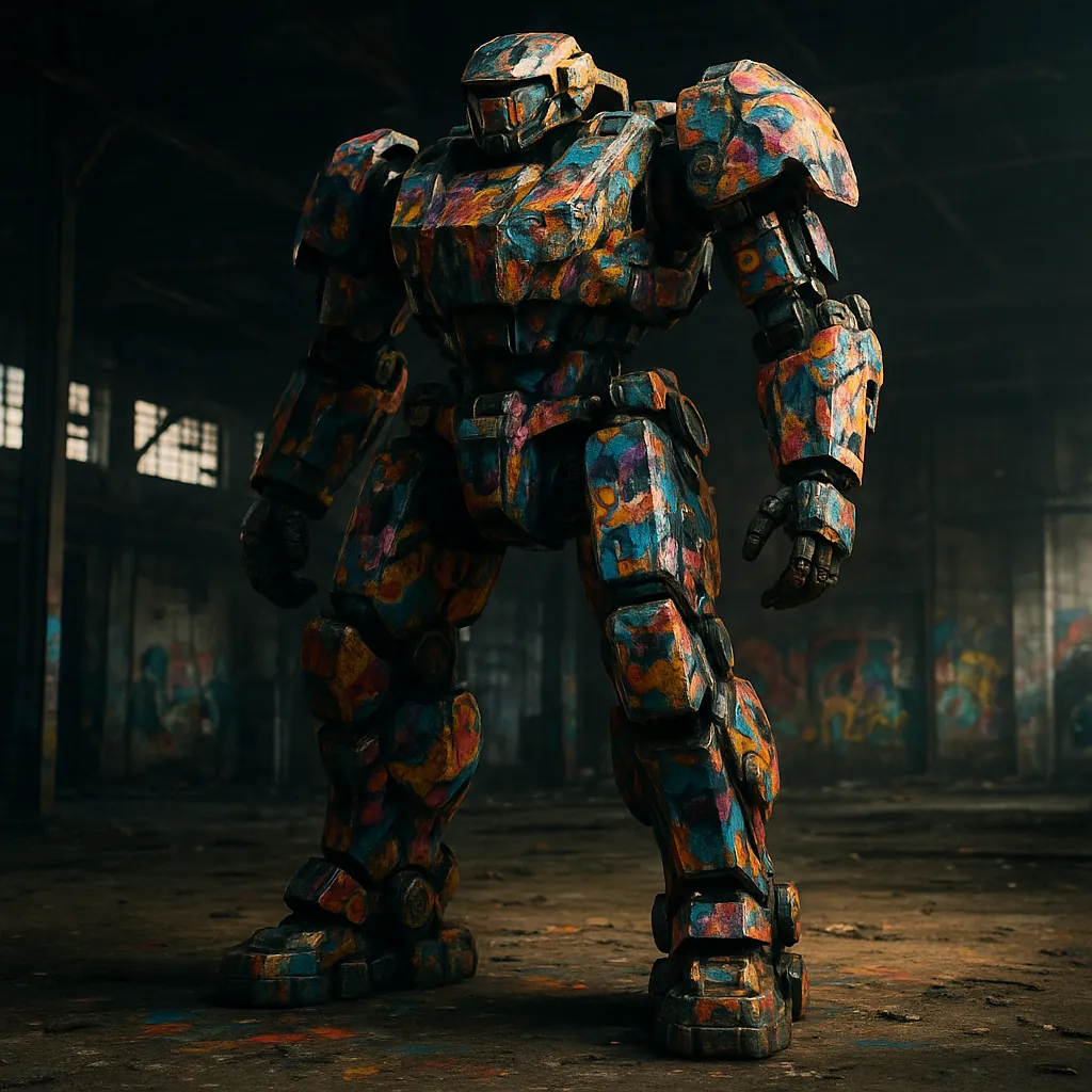 Discover a puzzle with a bold, graffiti-painted mech standing in an atmospheric, abandoned warehouse.