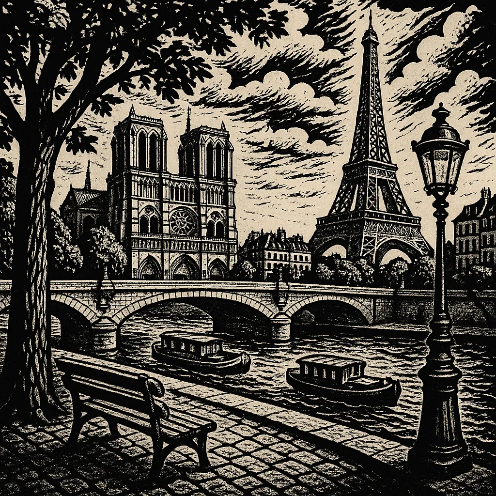 Enjoy assembling a puzzle depicting a vintage monochrome view of Paris with the Eiffel Tower and Notre-Dame along the Seine — inked in rich black on warm cream