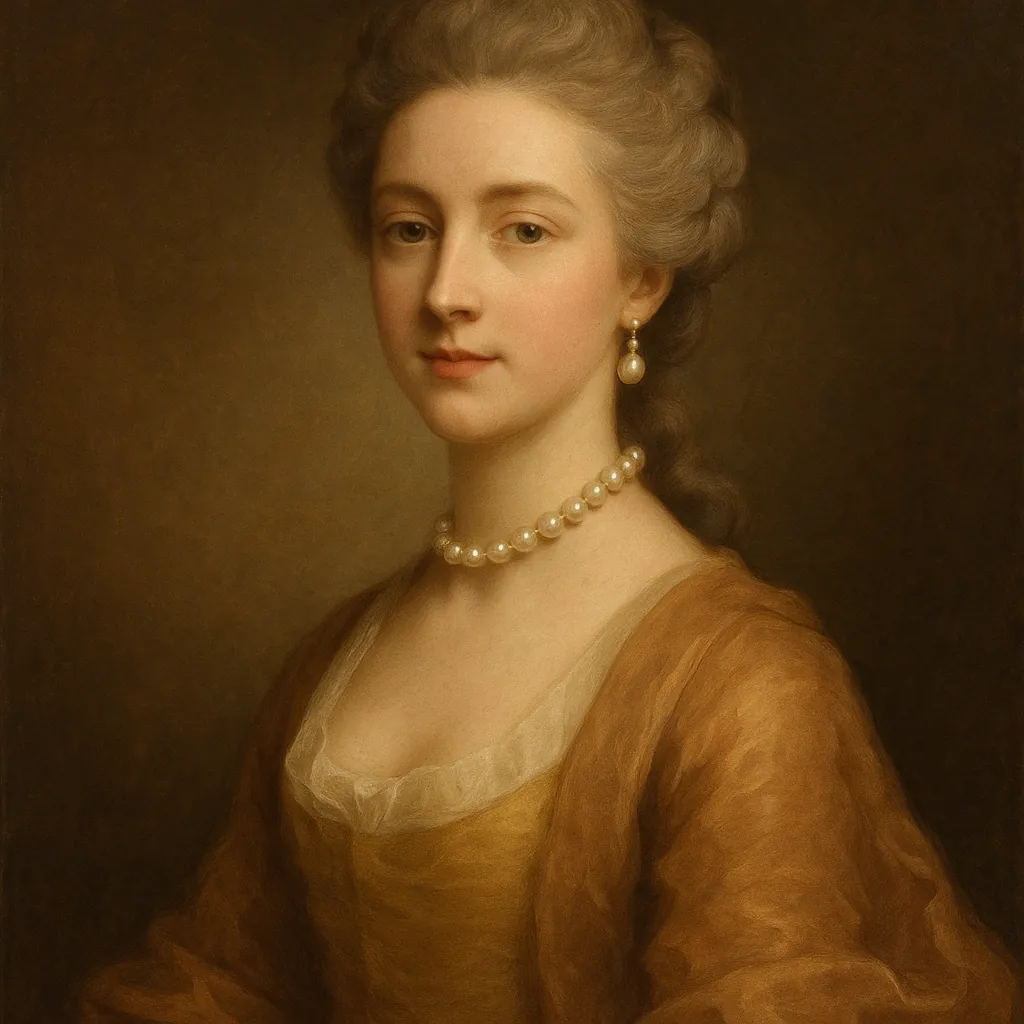 Discover a puzzle with a serene classical portrait of a young woman in warm golden-brown tones, wearing a delicate pearl necklace and drop earring.