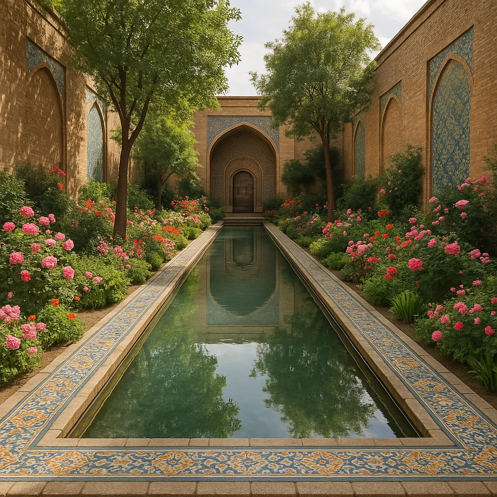 Discover a puzzle with a tranquil walled courtyard centered on a long, mirror-like reflecting pool bordered by ornate blue-and-gold tiles and flanked by lush ro