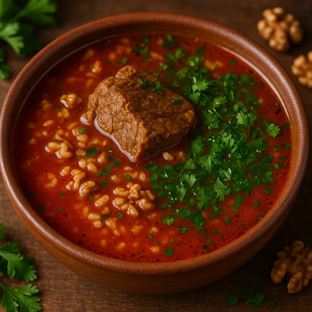 Enjoy assembling a puzzle depicting a steaming bowl of hearty red soup with a tender chunk of meat, tender grains, and a bright scattering of fresh parsley agai