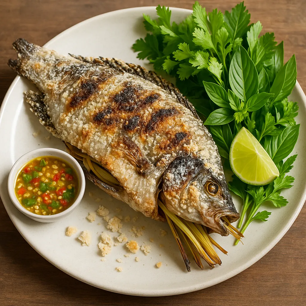 Discover a puzzle with a beautifully plated whole grilled fish crusted in golden-brown salt, resting on a white plate beside bright green herbs and a fresh lime