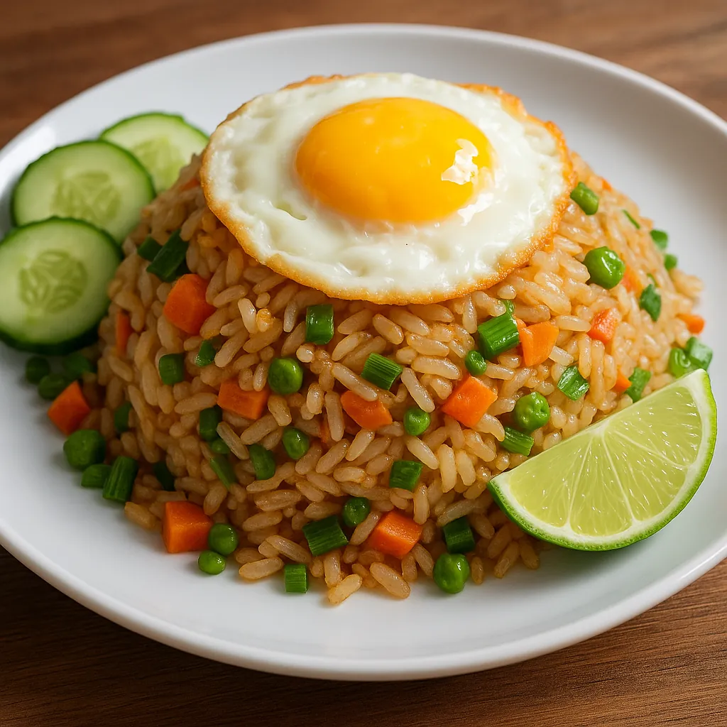 Discover a puzzle with a beautifully plated mound of vegetable fried rice topped by a glossy sunny-side-up egg, bright green peas and scallions, diced orange ca