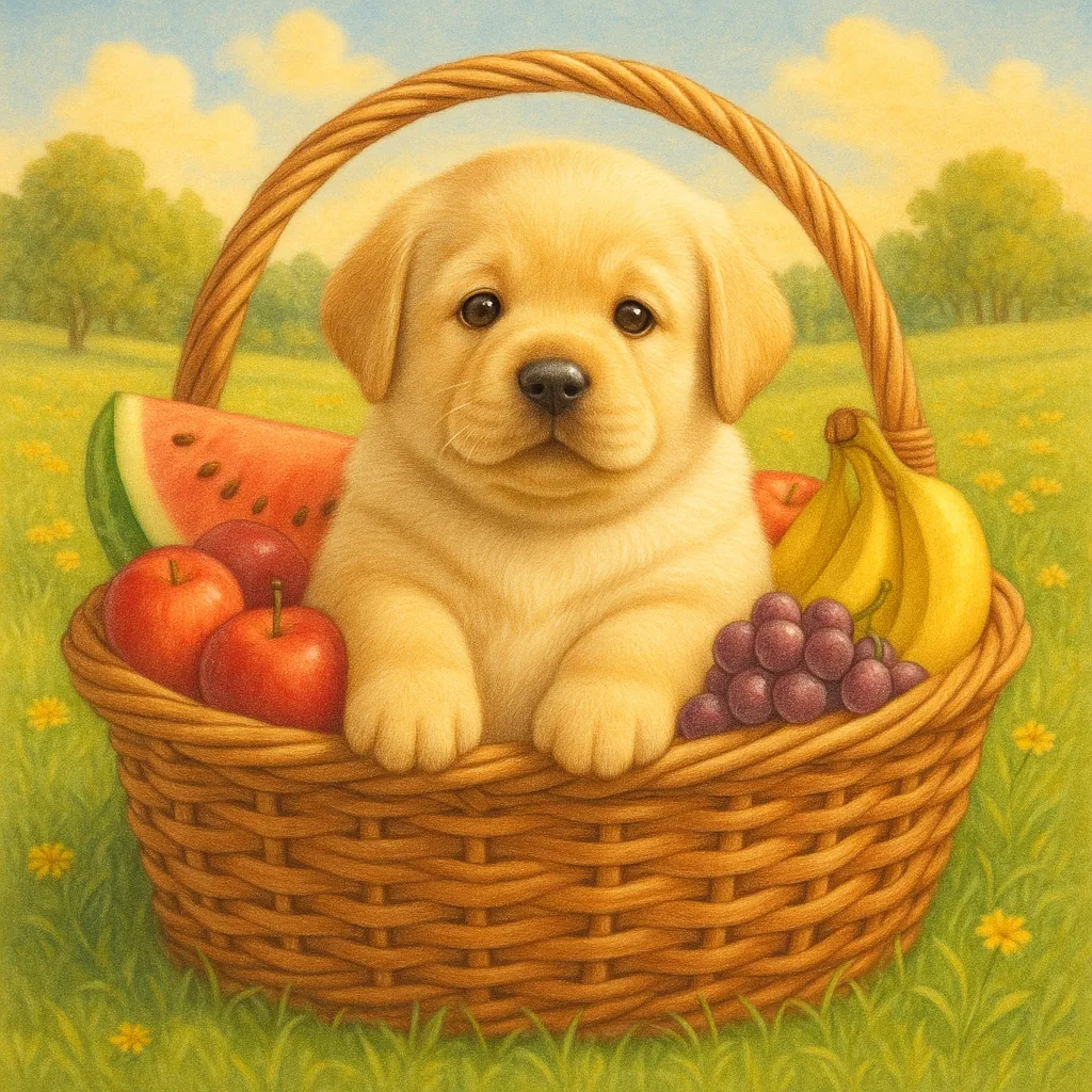 Discover a puzzle with an adorable golden Labrador puppy nestled inside a woven picnic basket surrounded by bright summer fruit — watermelon, apples, bananas an