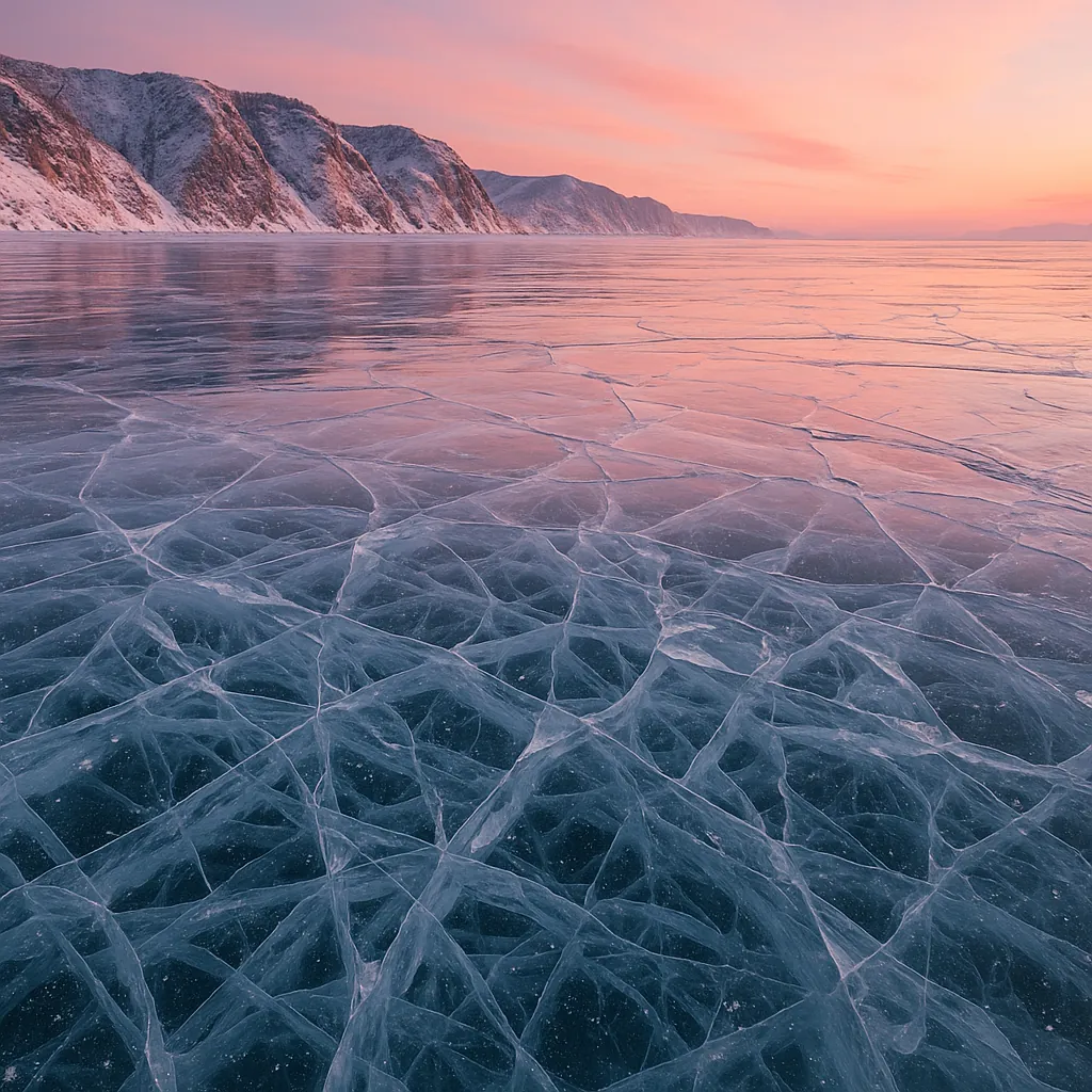 Discover a puzzle with a sweeping winter landscape: a glassy frozen lake etched with delicate, crystalline cracks in the foreground, leading the eye toward snow
