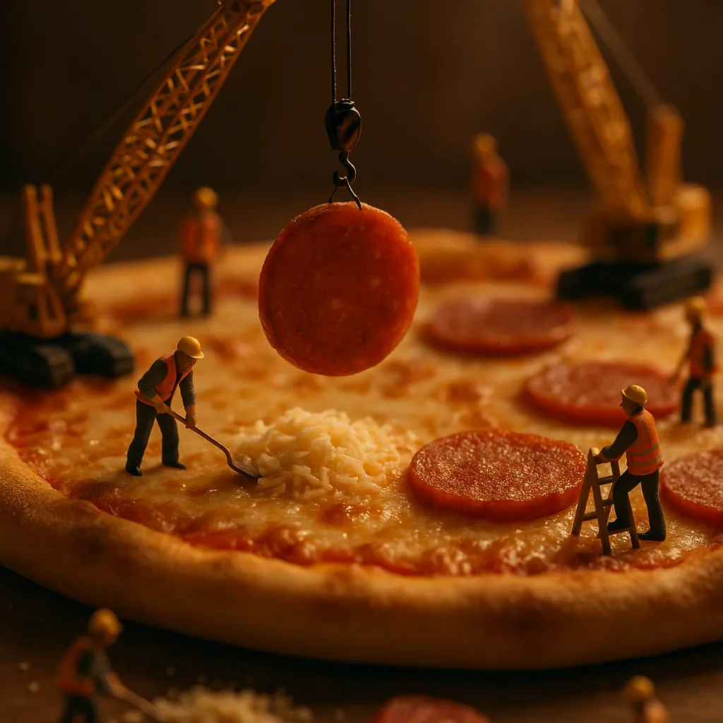 Discover a puzzle with a whimsical close-up of miniature construction workers carefully arranging pepperoni and cheese on a steaming pizza.