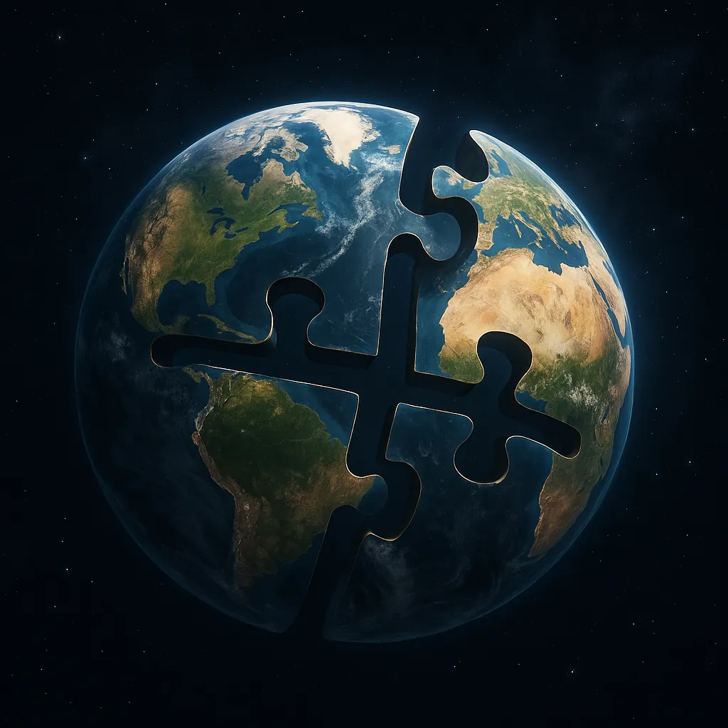 Discover a puzzle with a striking image of Earth in space carved like a giant jigsaw, where continental blues, greens, and sandy browns are framed by deep, star