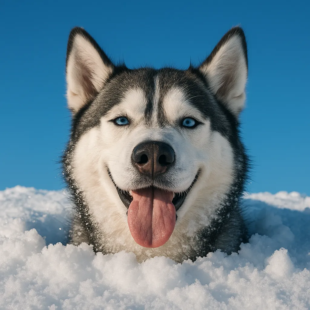 Discover a puzzle with a smiling Siberian husky poking through fresh snow, its bright blue eyes and tongue out against a clear cobalt sky.