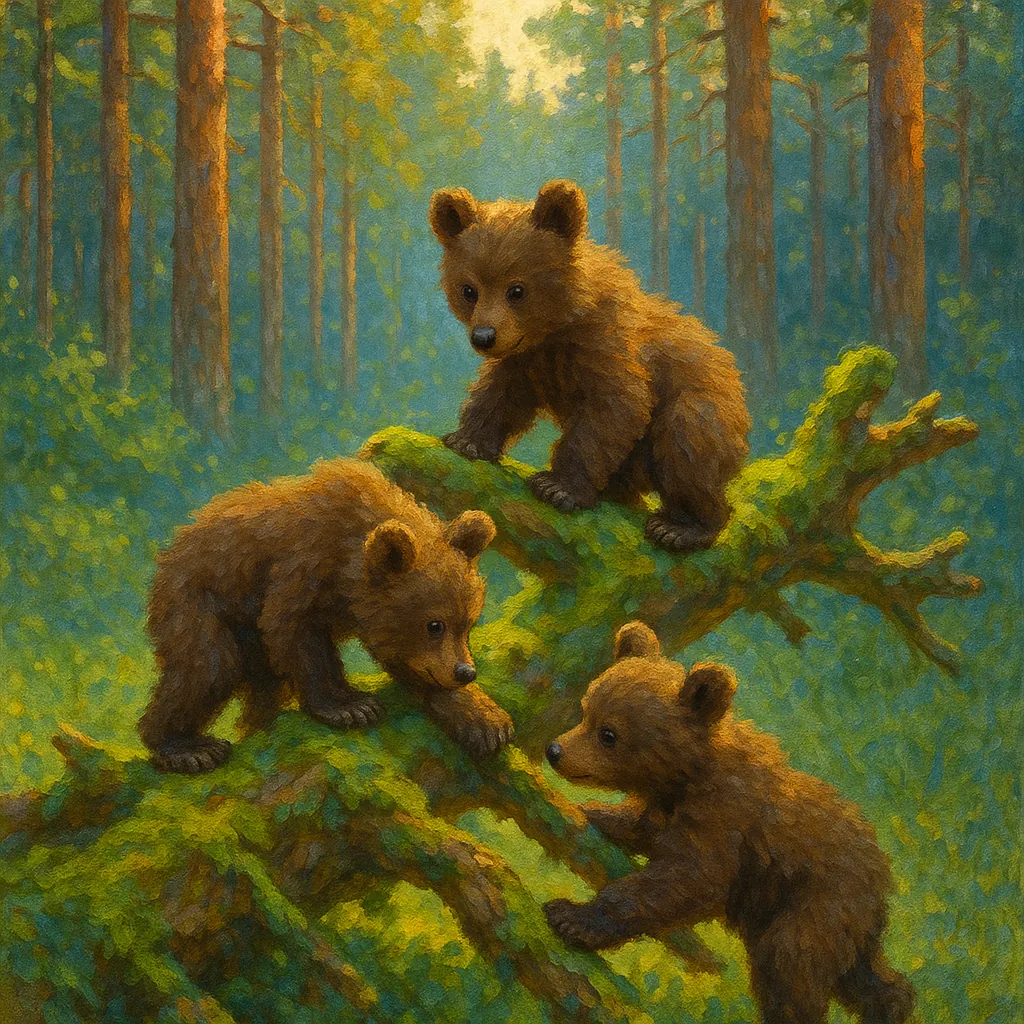 Discover a puzzle with three playful bear cubs exploring a mossy fallen log in a sun-dappled forest.