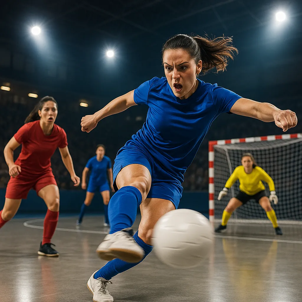 Enjoy assembling a puzzle depicting an intense indoor soccer moment as a determined player in a vivid blue kit strikes the ball toward goal.