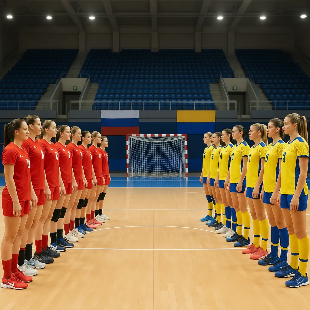 Discover a puzzle with two teams lined up face-to-face on a bright indoor court, one in vivid red and the other in sunny yellow and blue, with a goal and blue s